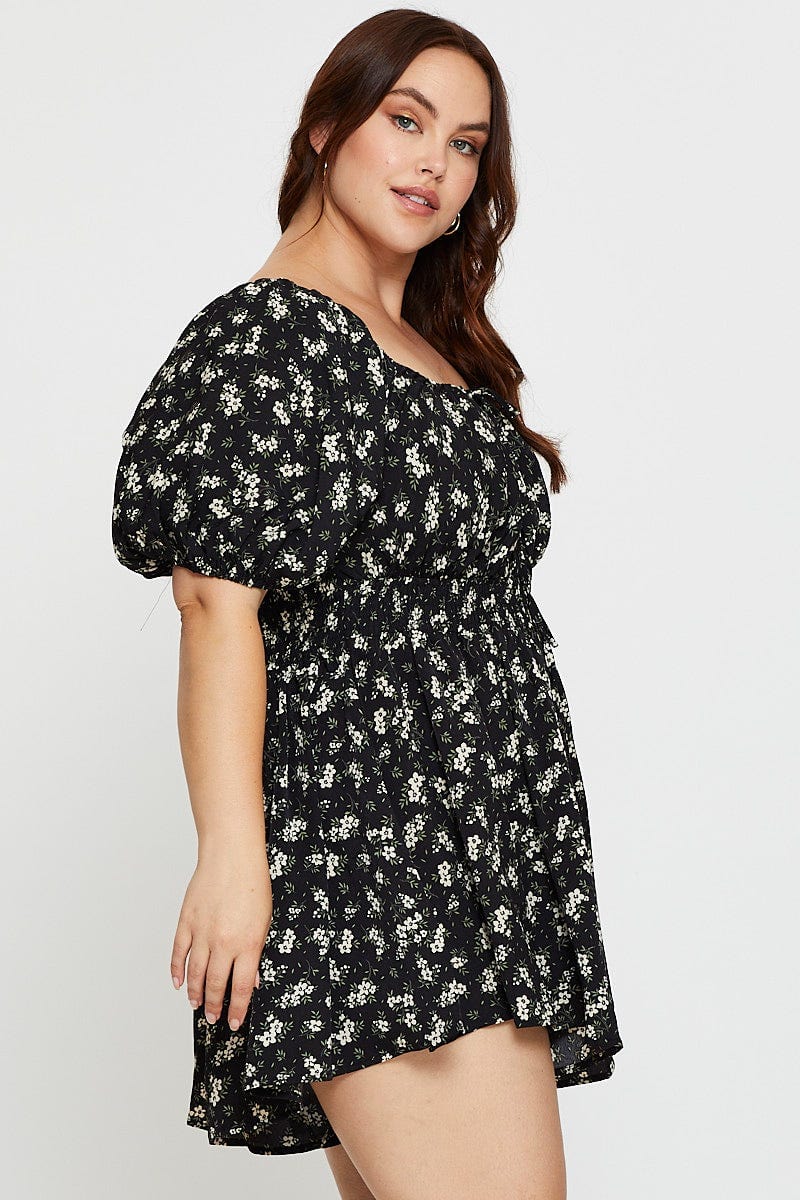 Floral Print Tie Front Playsuit Scoop Neck Puff Sleeve - Image 4