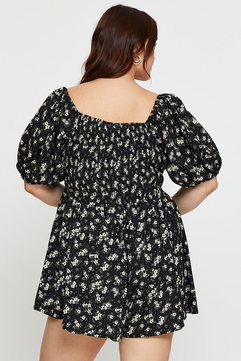 Floral Print Tie Front Playsuit Scoop Neck Puff Sleeve - Image 5