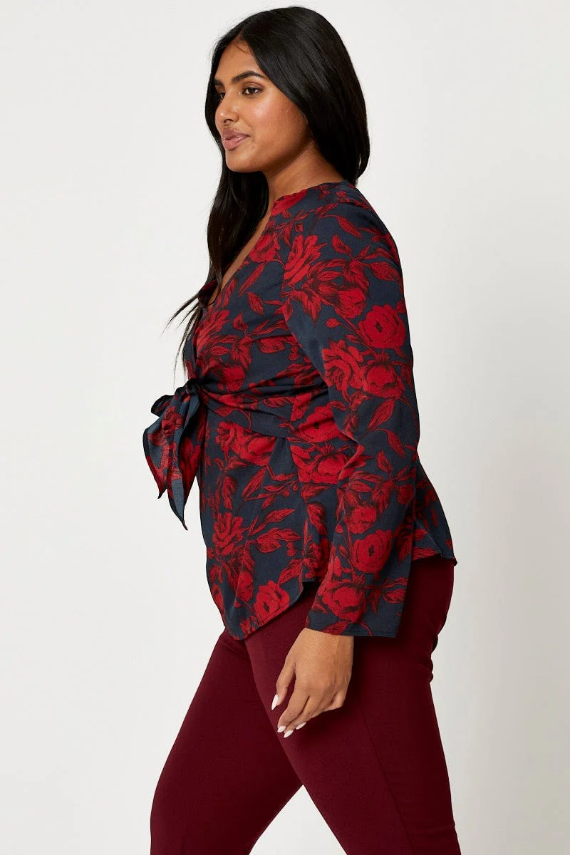 Floral Print Tie-front Top Long Sleeve - Image 3
