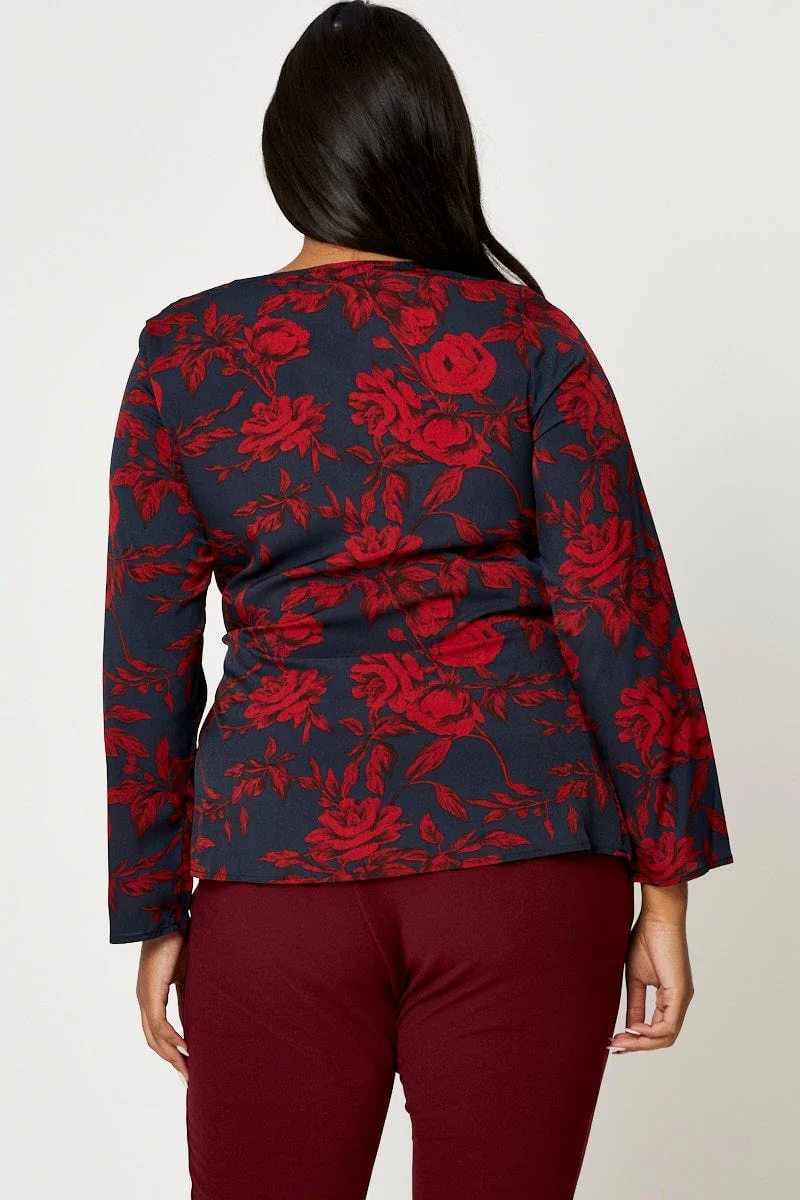 Floral Print Tie-front Top Long Sleeve - Image 4