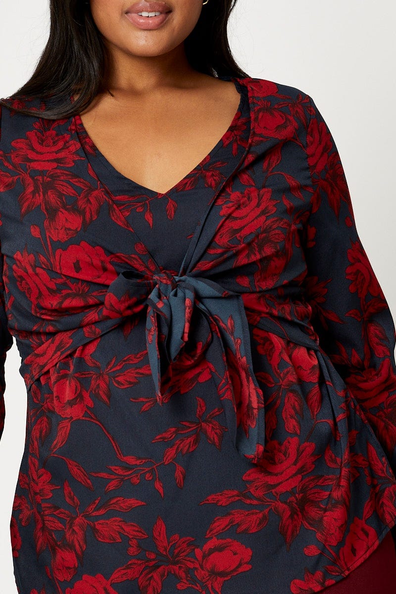 Floral Print Tie-front Top Long Sleeve - Image 5