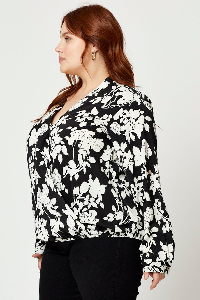 Floral Print Wrap Front Blouse V-neck Long Sleeve - Image 3