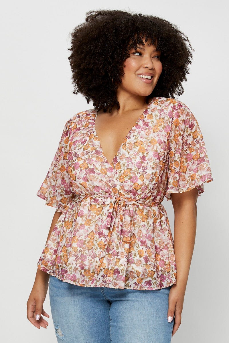 Floral Print Wrap Top Short Sleeve Chiffon - Image 3