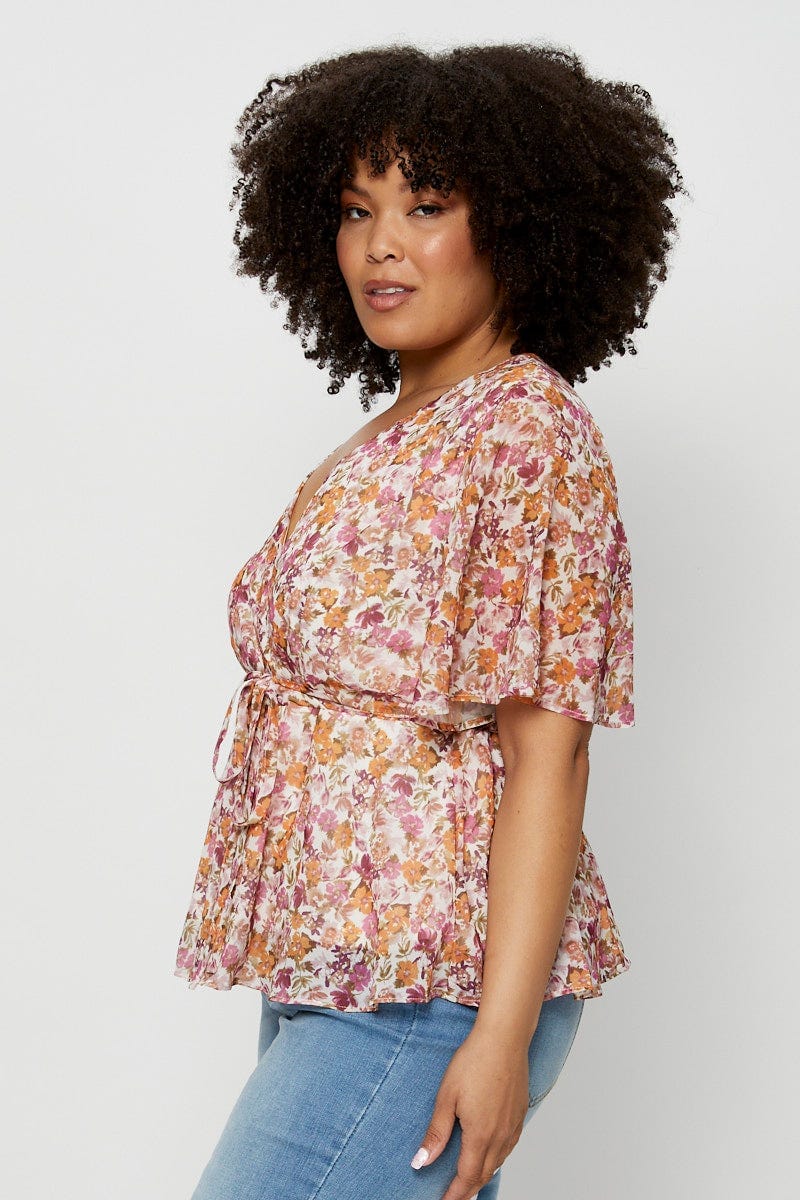 Floral Print Wrap Top Short Sleeve Chiffon - Image 4