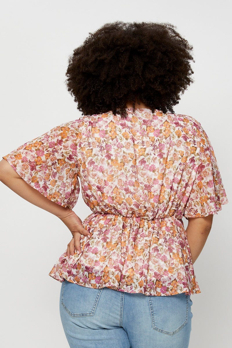 Floral Print Wrap Top Short Sleeve Chiffon - Image 5