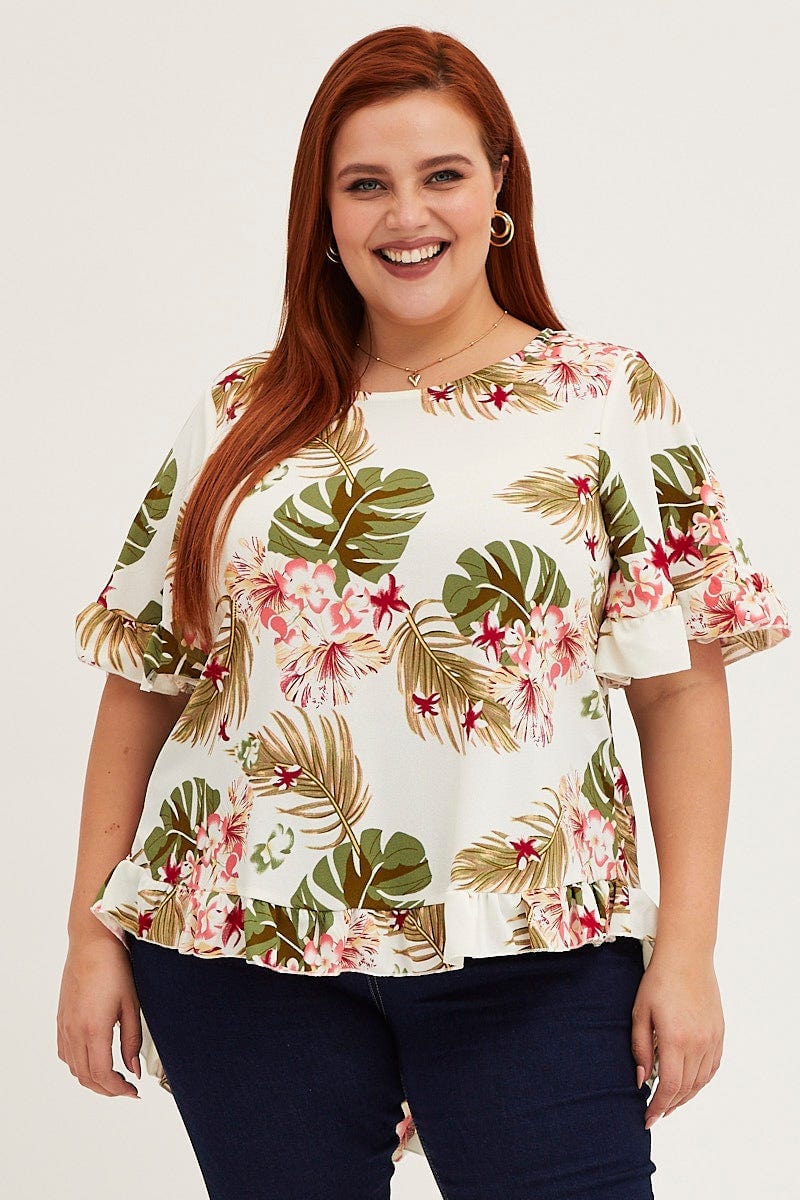 Floral Printtop Round Neck Frill Detail Sleeve