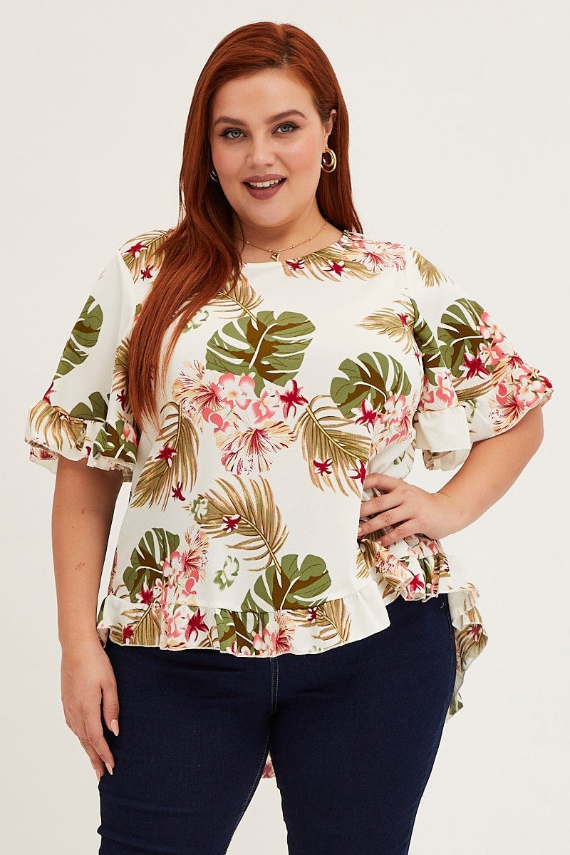 Floral Printtop Round Neck Frill Detail Sleeve - Image 3
