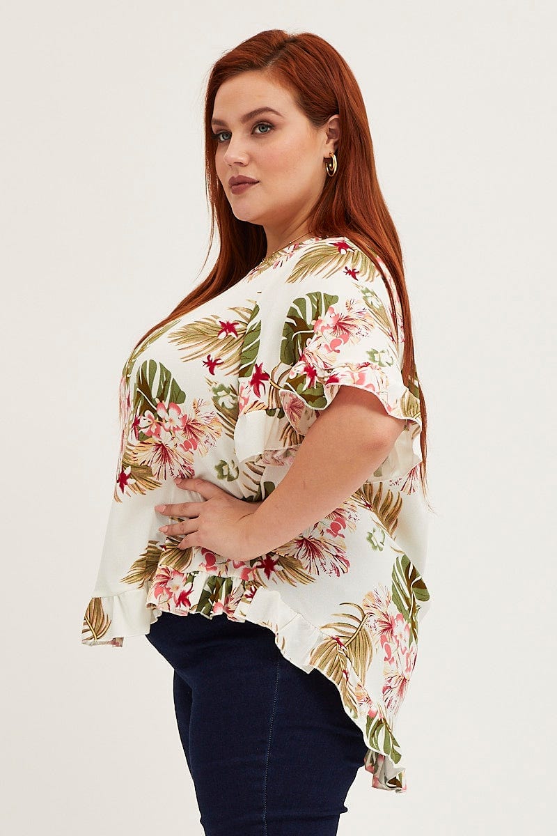 Floral Printtop Round Neck Frill Detail Sleeve - Image 4