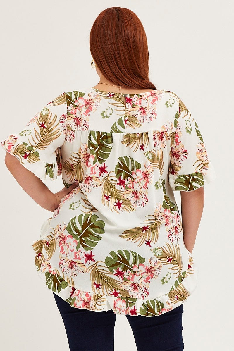 Floral Printtop Round Neck Frill Detail Sleeve - Image 5