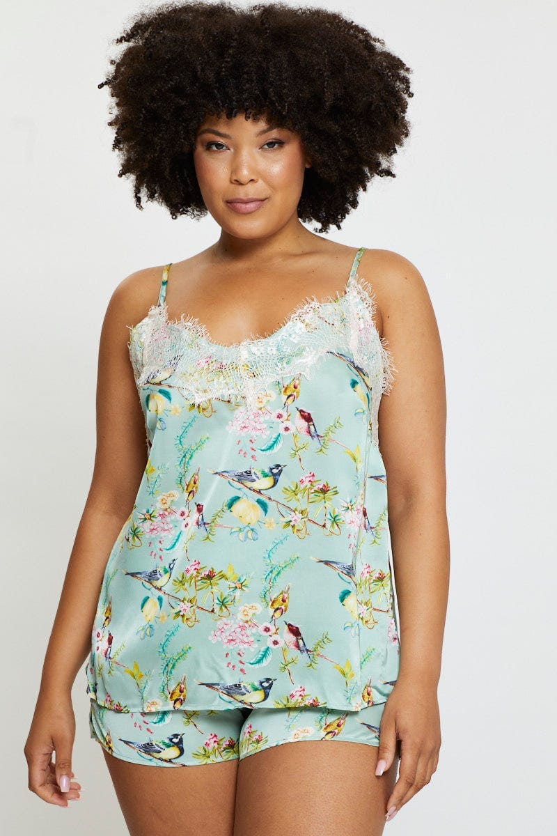 Floral Satin Lace Cami Pj Pyjama Set - Image 3