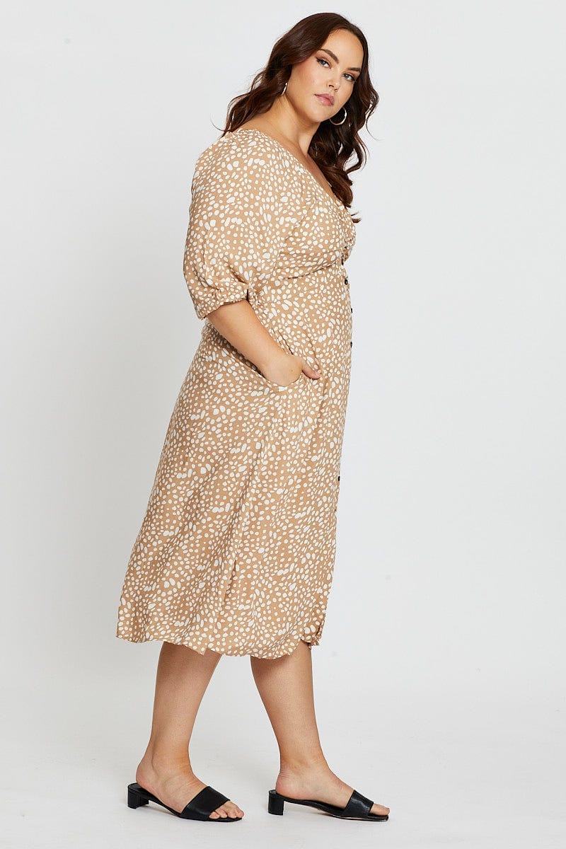 Geo Print 3/4 Sleeve Tie Front Button Midi Dress - Image 4