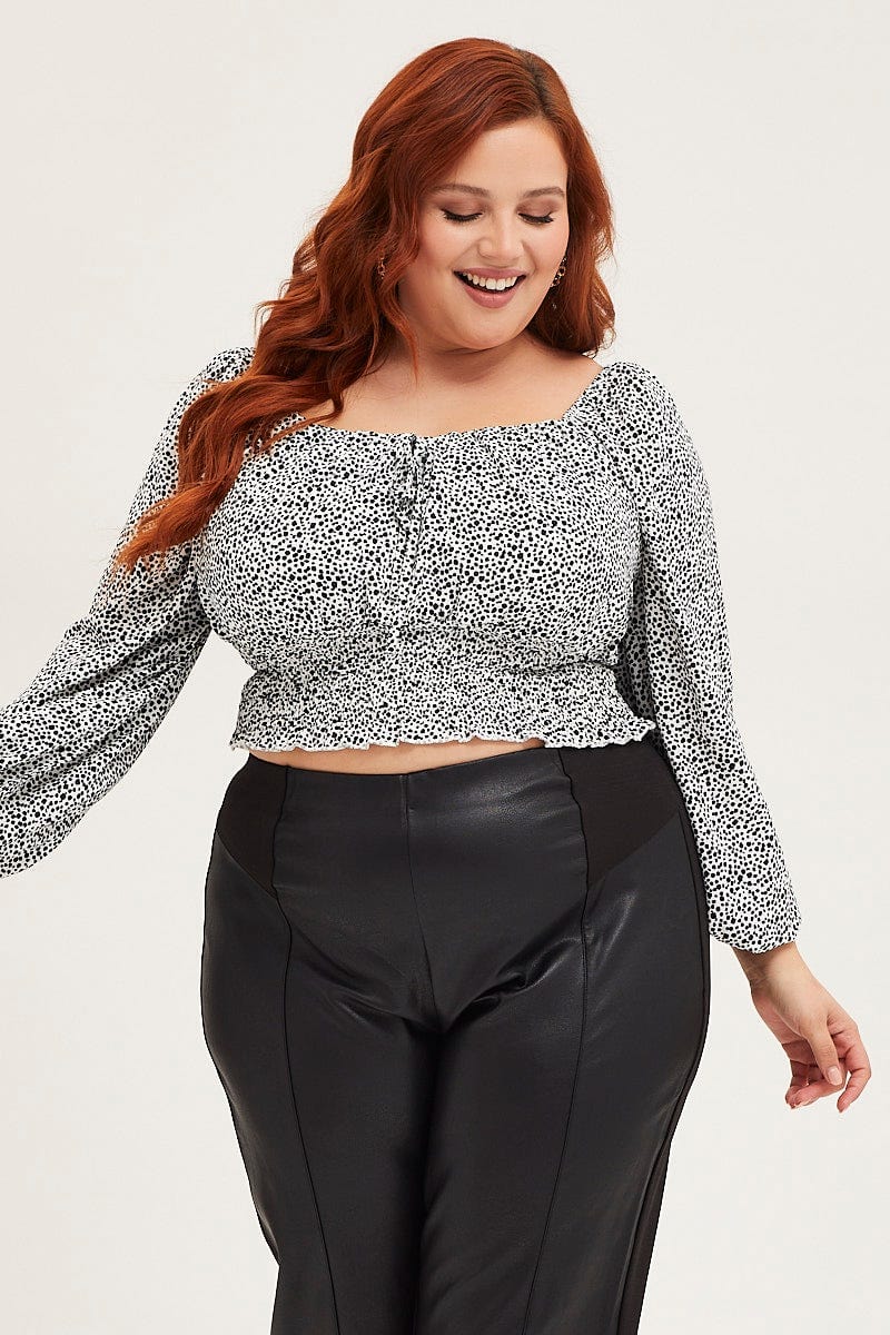 Geo Print Crop Top Long Sleeve Shirred - Image 3