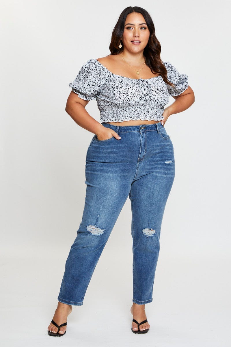 Geo Print Crop Top Short Sleeve Shirred - Image 2