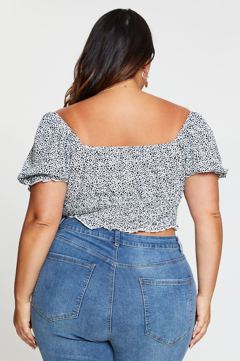 Geo Print Crop Top Short Sleeve Shirred - Image 5