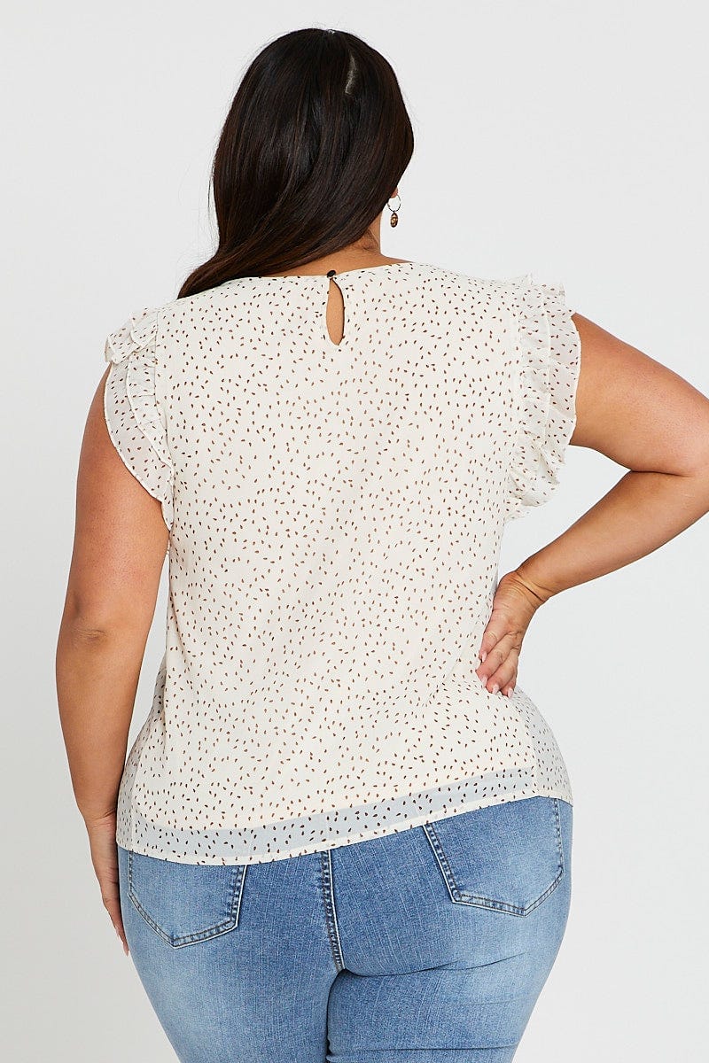 Geo Print Flutter Sleeve Cream Spot Top - Image 5