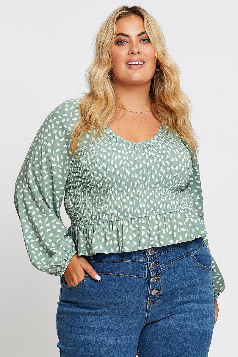 Geo Print Long Sleeve Shirred Top - Image 3