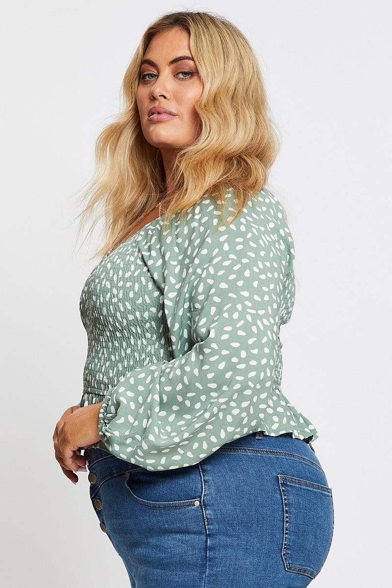 Geo Print Long Sleeve Shirred Top - Image 4