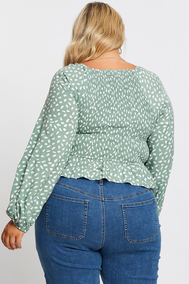 Geo Print Long Sleeve Shirred Top - Image 5