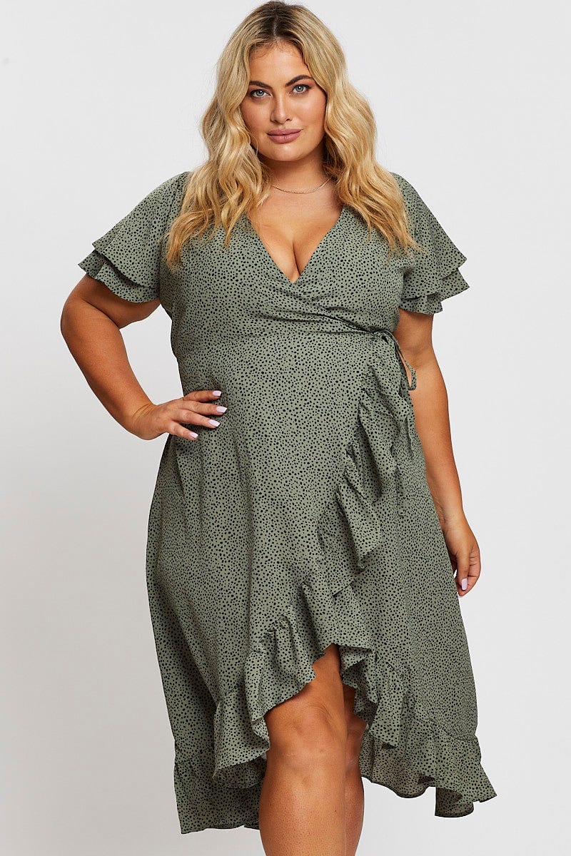 Geo Print Midi Dress Short Sleeve Ruffle Hem - Image 2