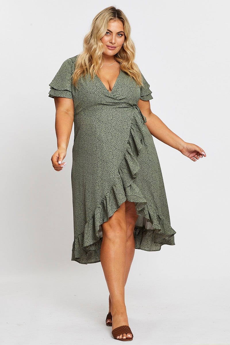Geo Print Midi Dress Short Sleeve Ruffle Hem - Image 3