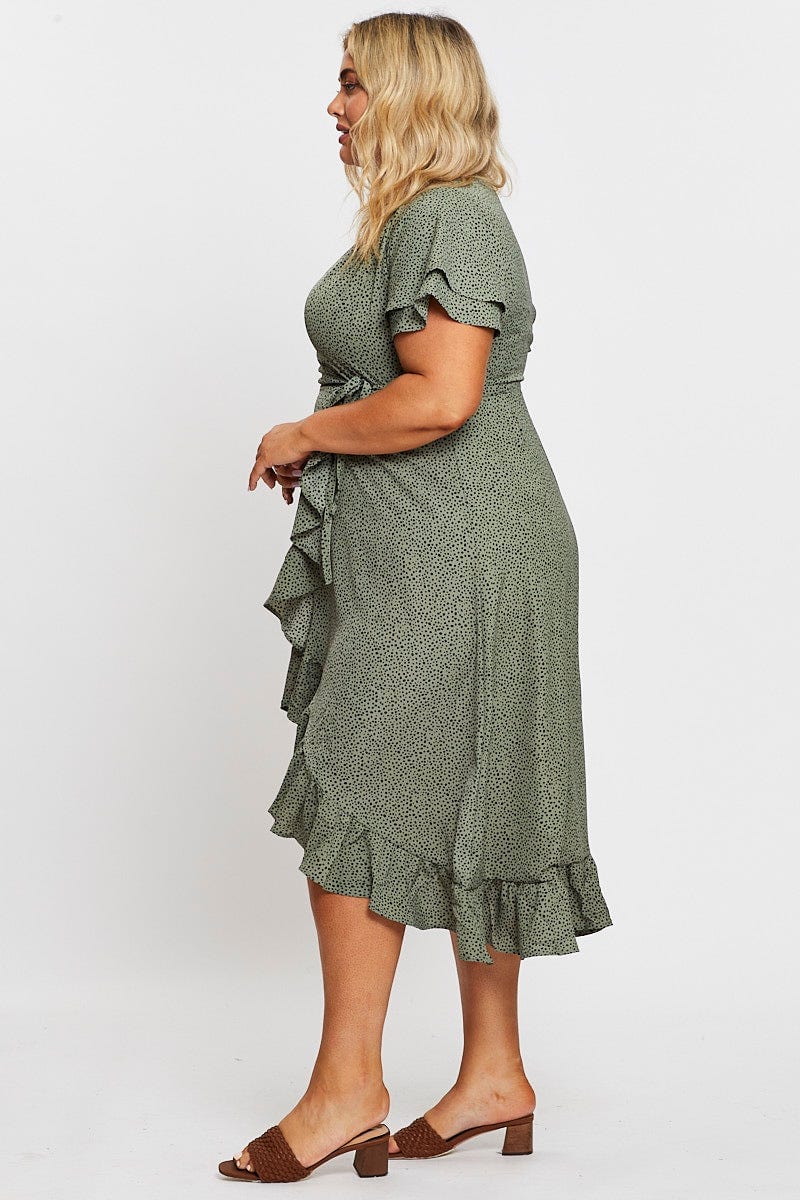 Geo Print Midi Dress Short Sleeve Ruffle Hem - Image 4