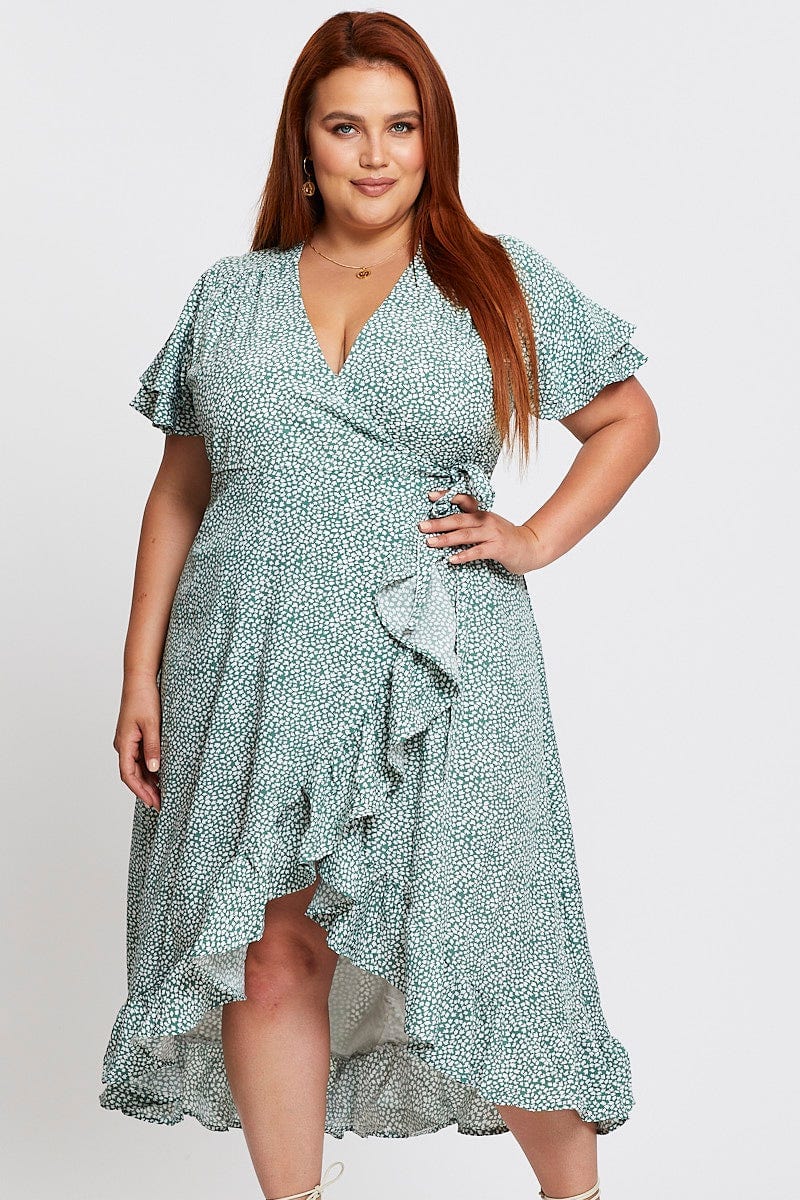 Geo Print Midi Dress Short Sleeve Ruffle Hem - Image 2