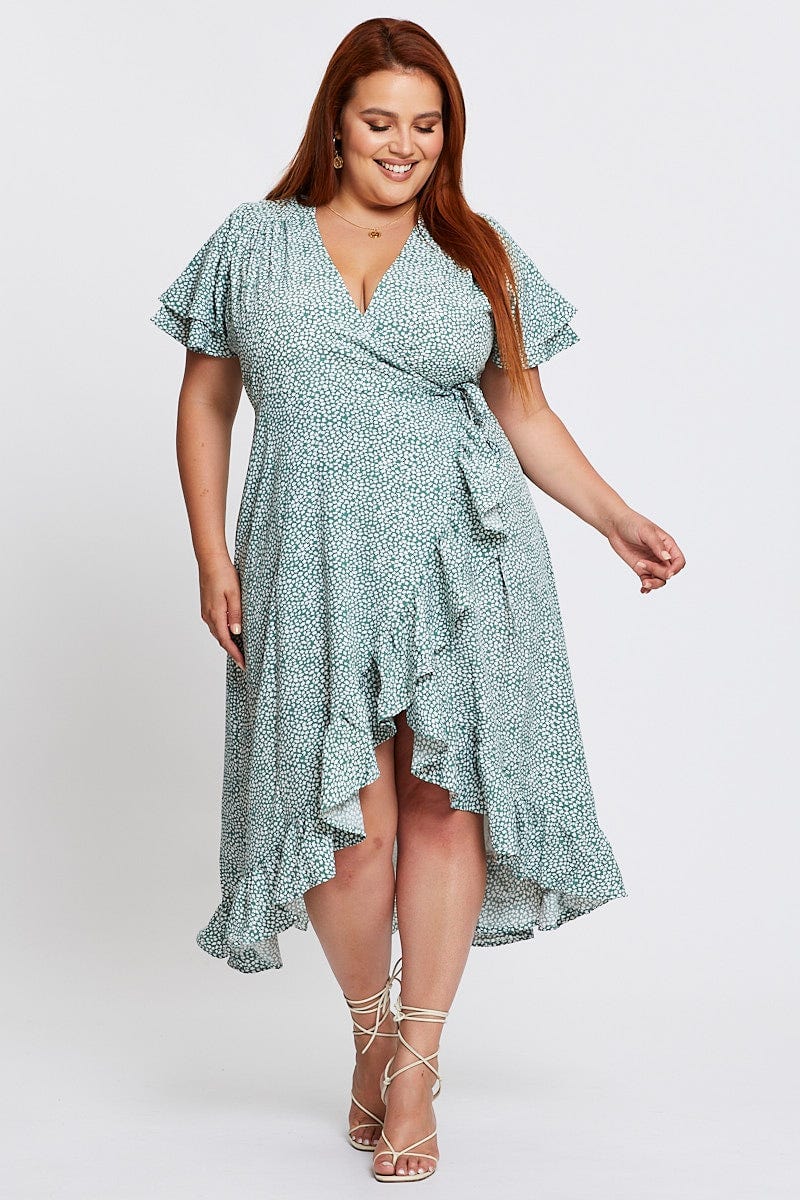 Geo Print Midi Dress Short Sleeve Ruffle Hem - Image 3