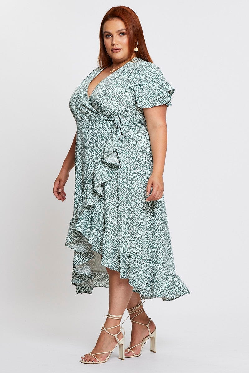 Geo Print Midi Dress Short Sleeve Ruffle Hem - Image 4