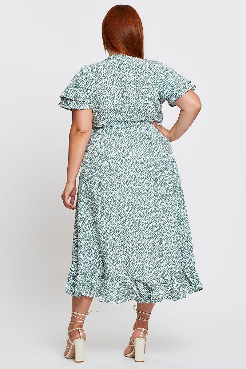 Geo Print Midi Dress Short Sleeve Ruffle Hem - Image 5