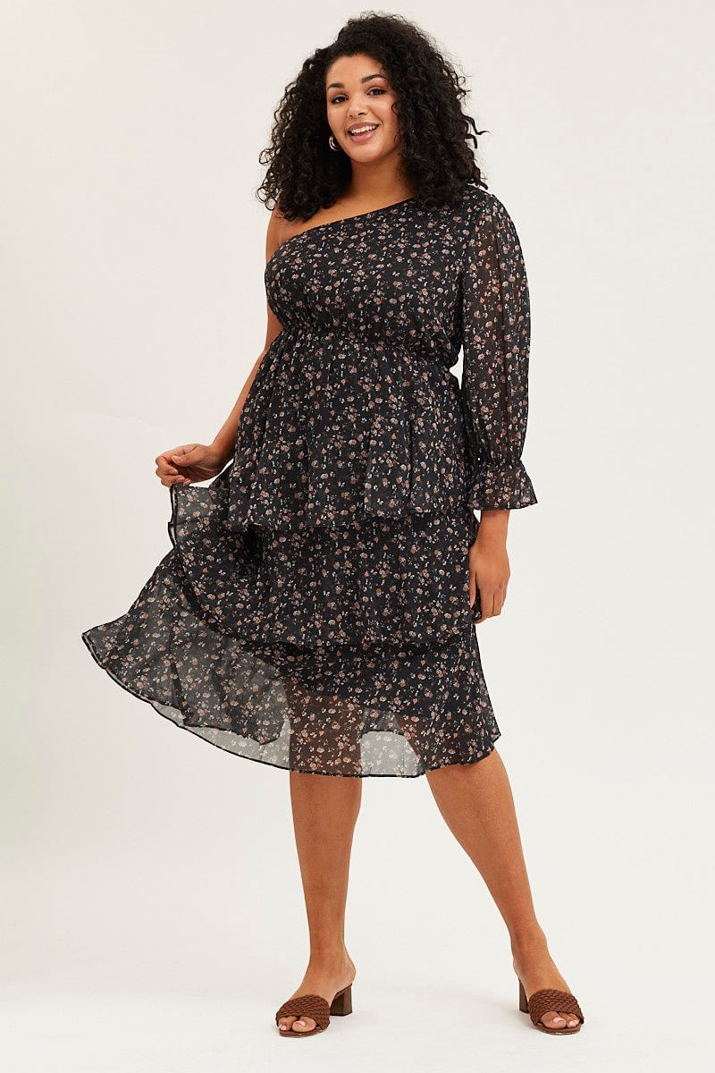 Geo Print One Sleeve Floral Midi Dress - Image 3