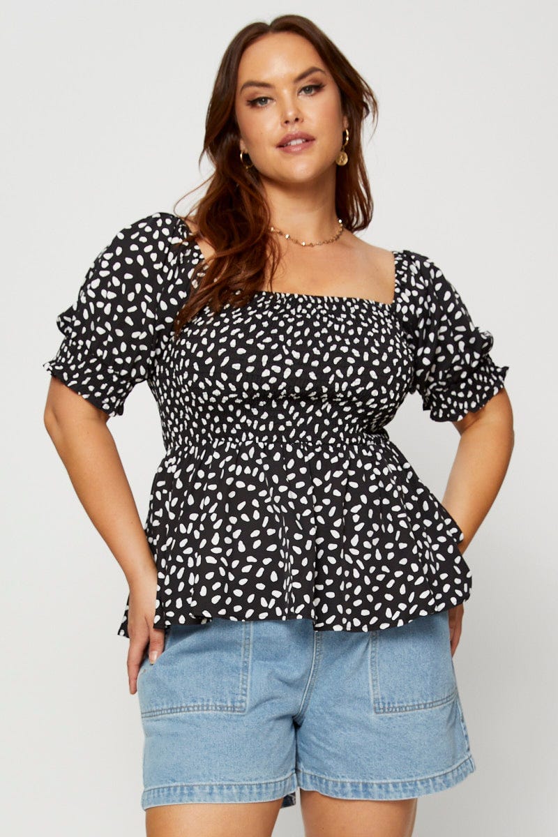 Geo Print Peplum Top Short Sleeve Shirred - Image 3