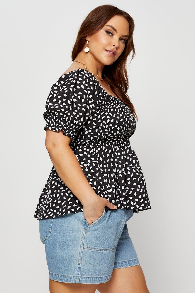 Geo Print Peplum Top Short Sleeve Shirred - Image 4