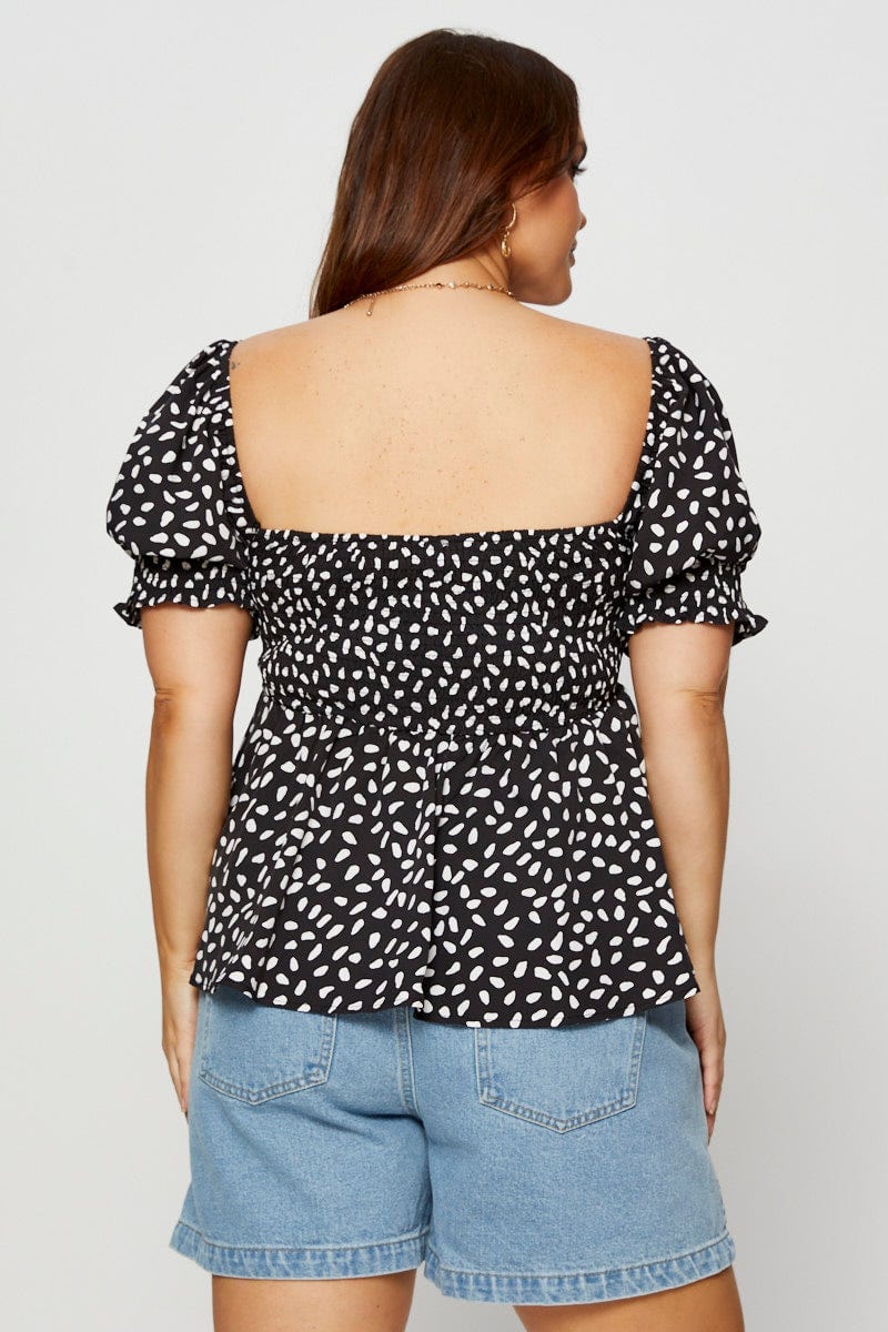 Geo Print Peplum Top Short Sleeve Shirred - Image 5