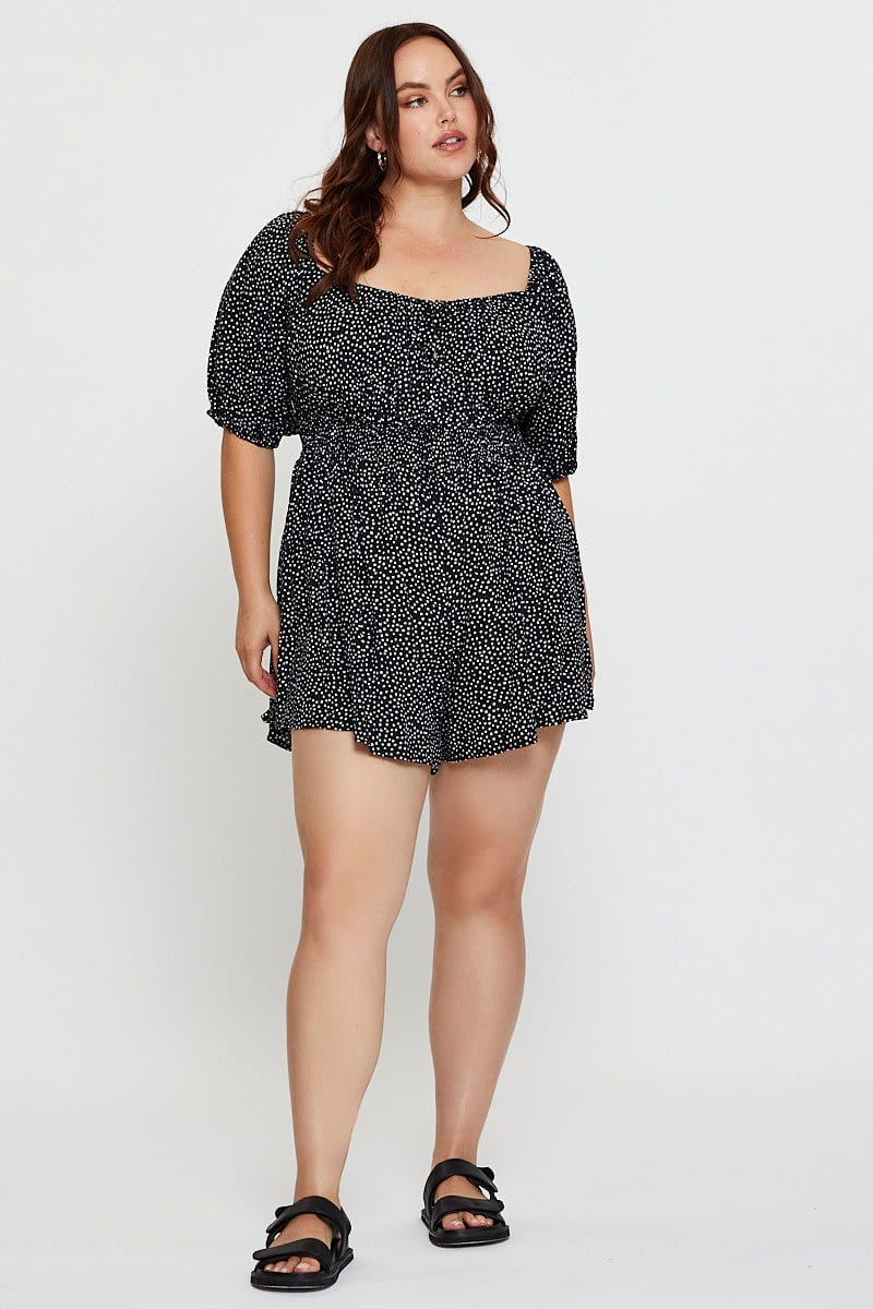 Geo Print Playsuit Scoop Neck Puff Sleeve - Image 2