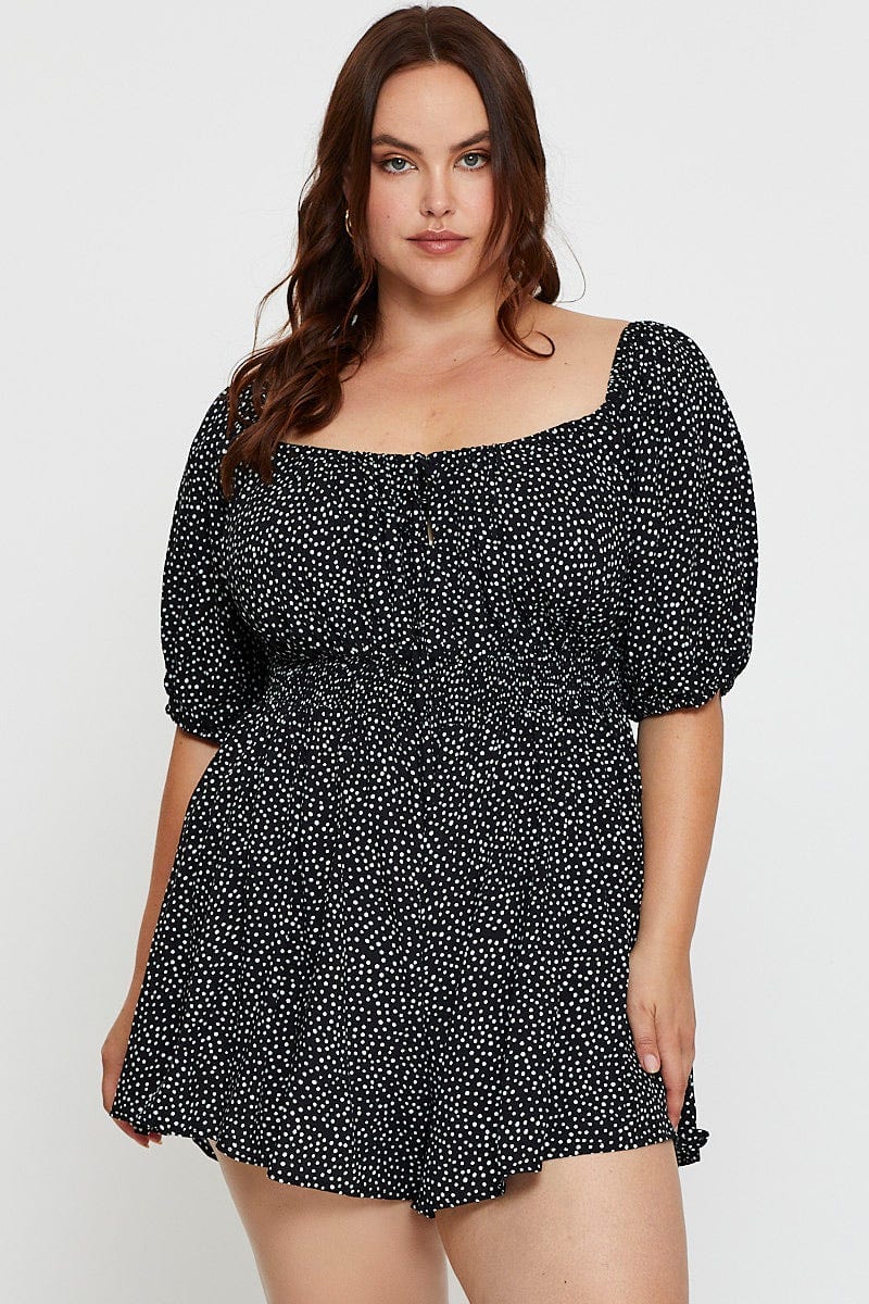 Geo Print Playsuit Scoop Neck Puff Sleeve - Image 3