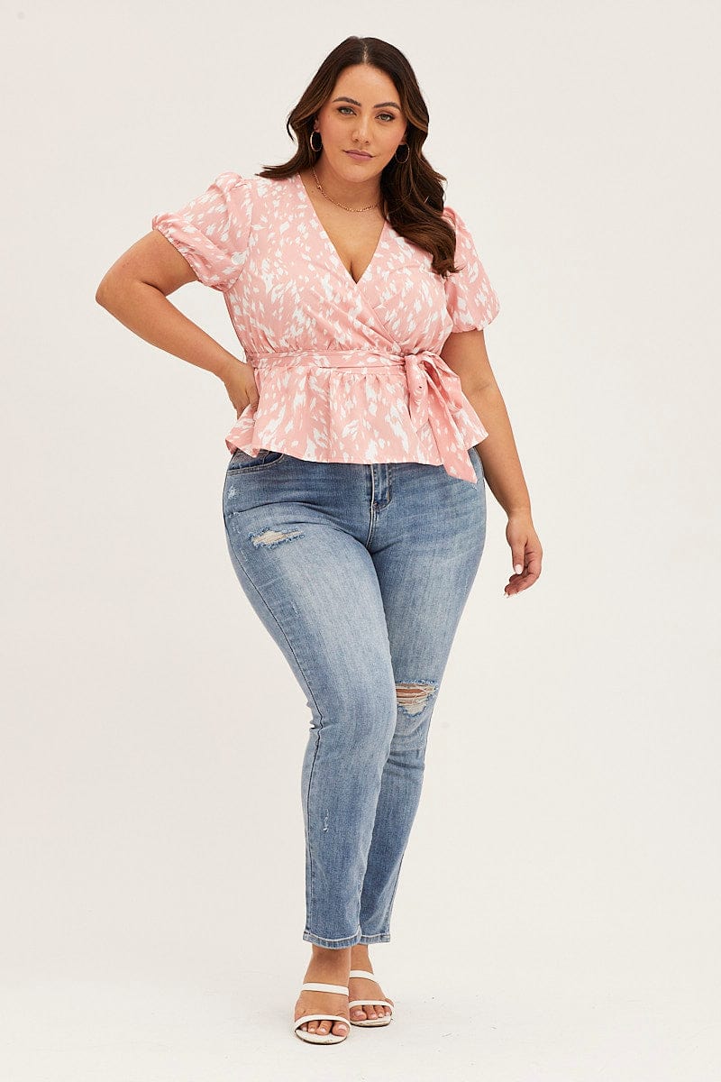 Geo Print Puff Sleevework Peplum Top - Image 2