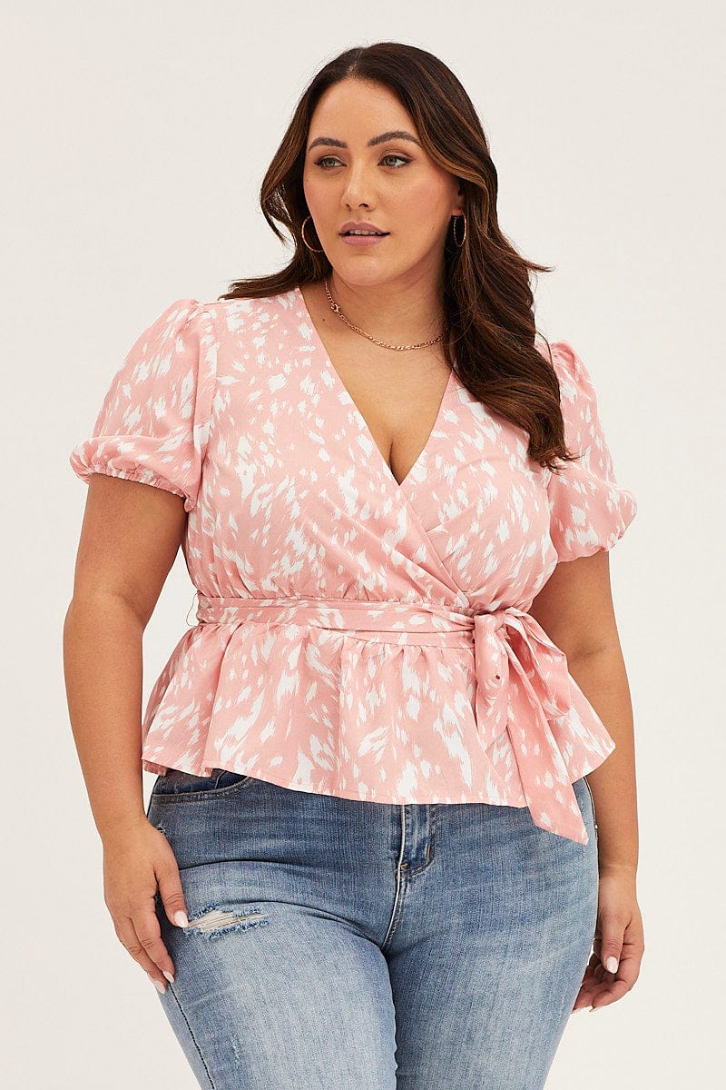 Geo Print Puff Sleevework Peplum Top - Image 3