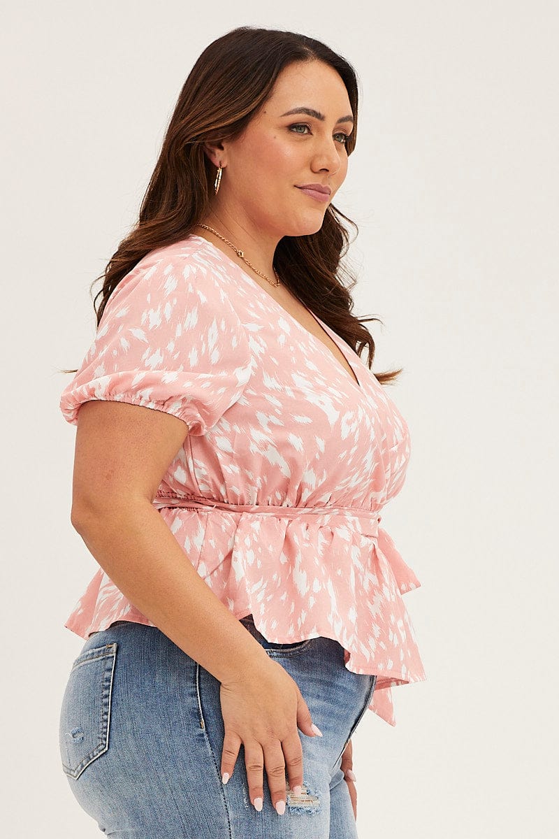 Geo Print Puff Sleevework Peplum Top - Image 4
