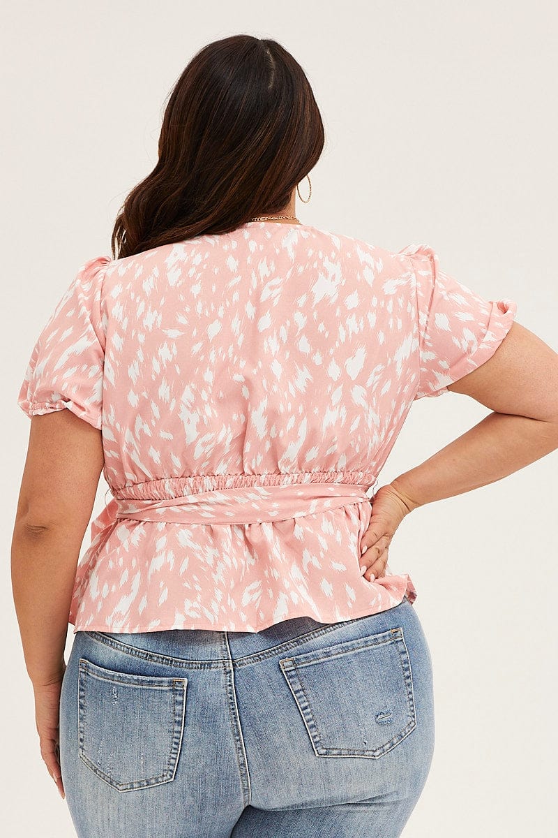 Geo Print Puff Sleevework Peplum Top - Image 5