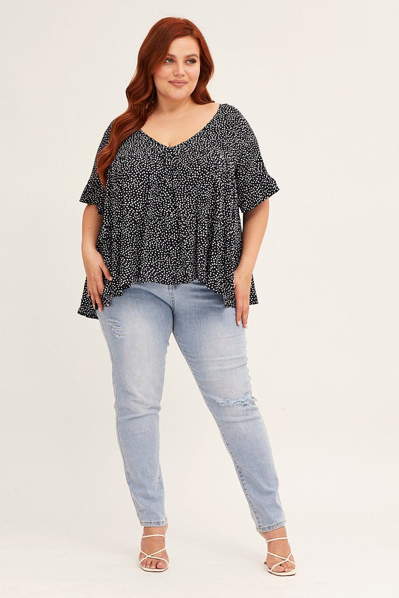 Geo Print Short Sleeve Geometric Smock Top - Image 2