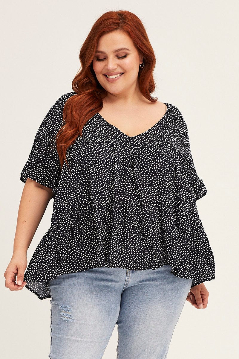 Geo Print Short Sleeve Geometric Smock Top - Image 3