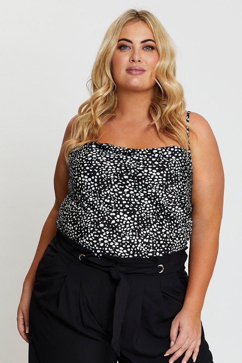Geo Print Singlet Top Cowl Neck Satin - Image 3