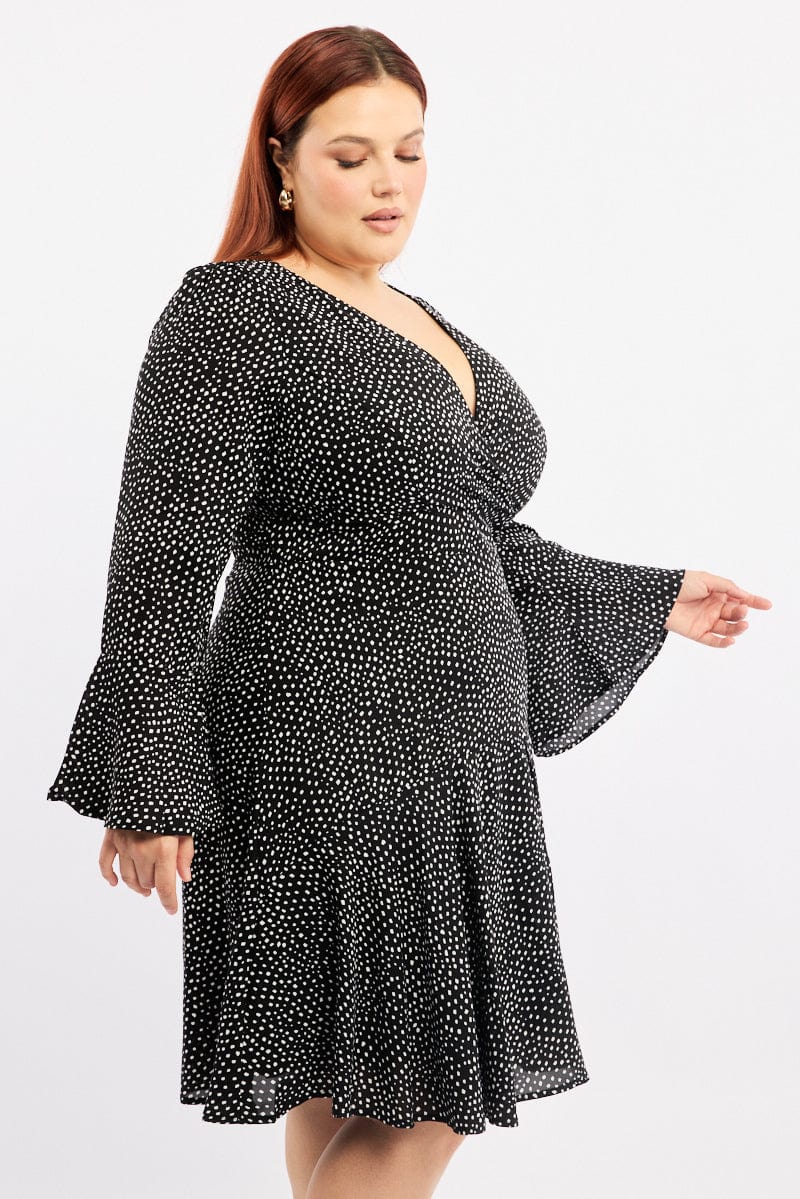 Geo Print Skater Dress V-neck Long Sleeve - Image 3