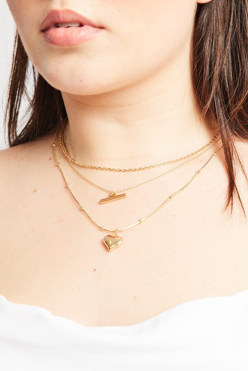Gold 3 Pack Necklaces Heart Pendent
