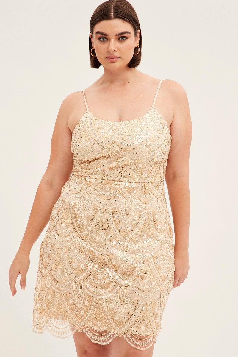 Gold Mini Dress Shoestring Strap Scalloped Hem Sequin - Image 3