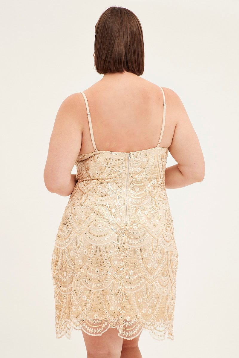 Gold Mini Dress Shoestring Strap Scalloped Hem Sequin - Image 5