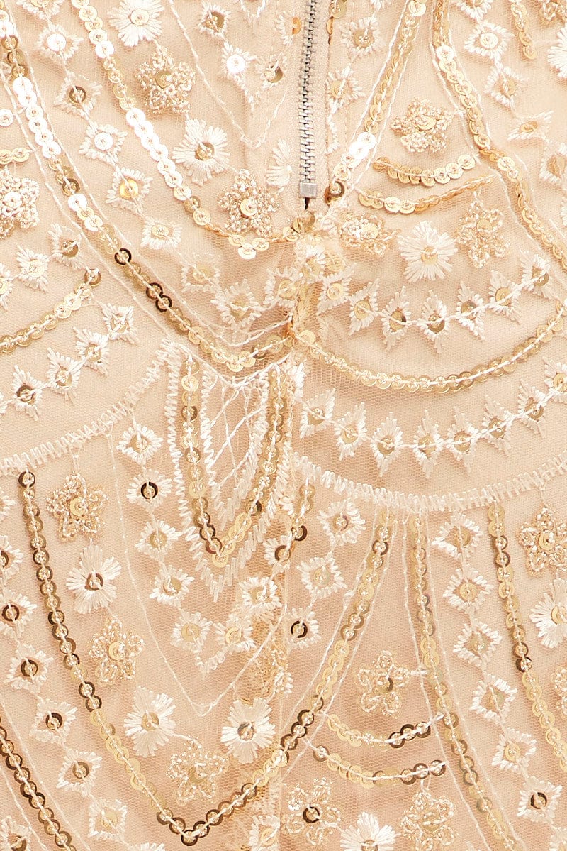 Gold Mini Dress Shoestring Strap Scalloped Hem Sequin - Image 6