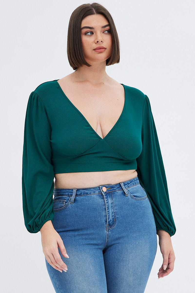 Green 3/4 Sleeve Cross Back Rib Jersey V-neck Top - Image 3