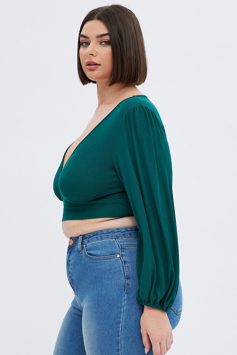 Green 3/4 Sleeve Cross Back Rib Jersey V-neck Top - Image 4