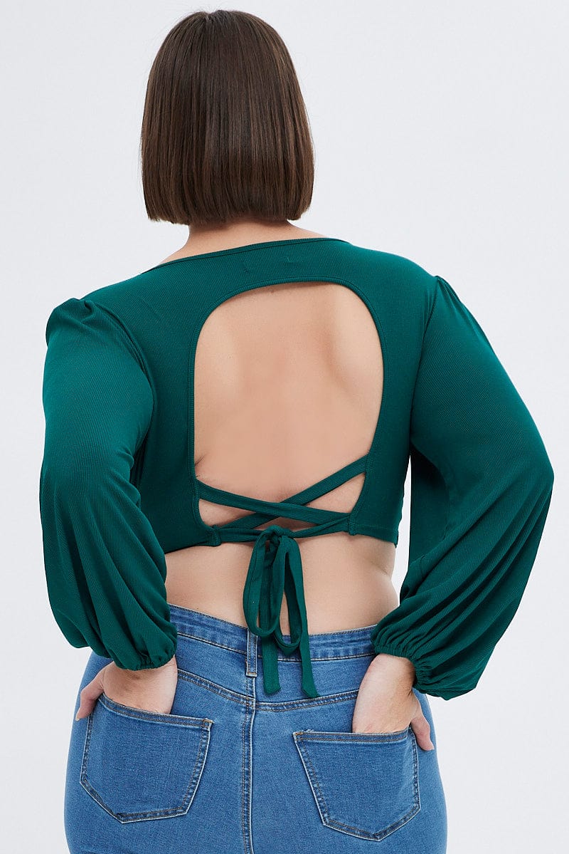 Green 3/4 Sleeve Cross Back Rib Jersey V-neck Top - Image 5